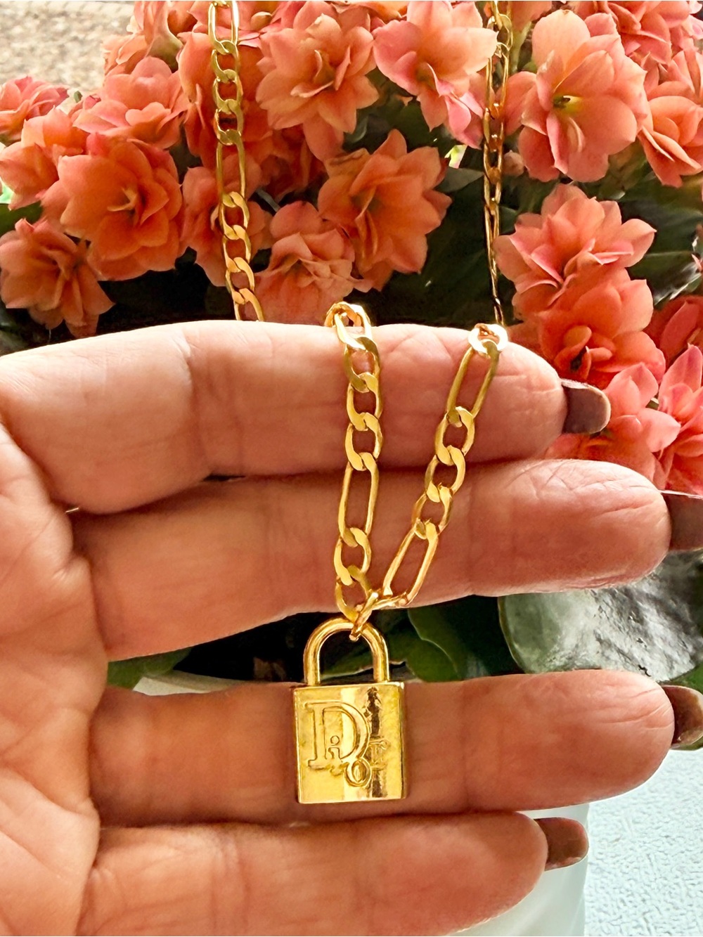 Christian Dior EUC Gold-Tone Lock
Necklace 22k gold plated Figaro 
Chain |18"